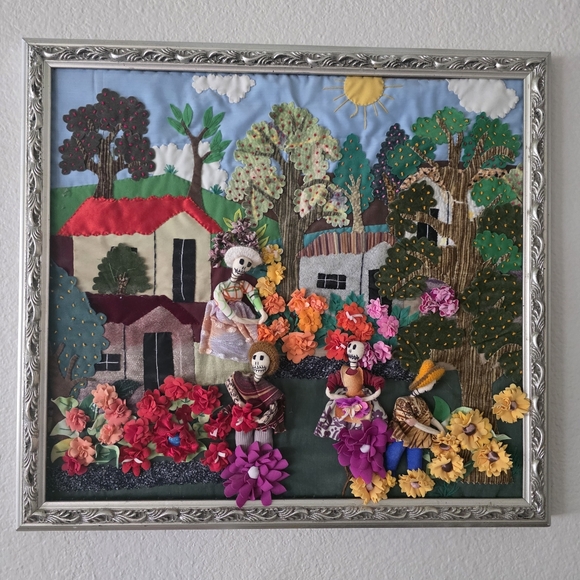 Vintage Other - Peruvian Folk Art Day Of The Dead Landscape Quilt.